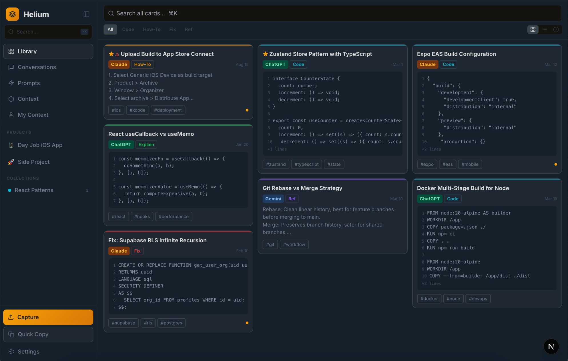 Helium web app — library view with saved AI conversations, code snippets, and prompts