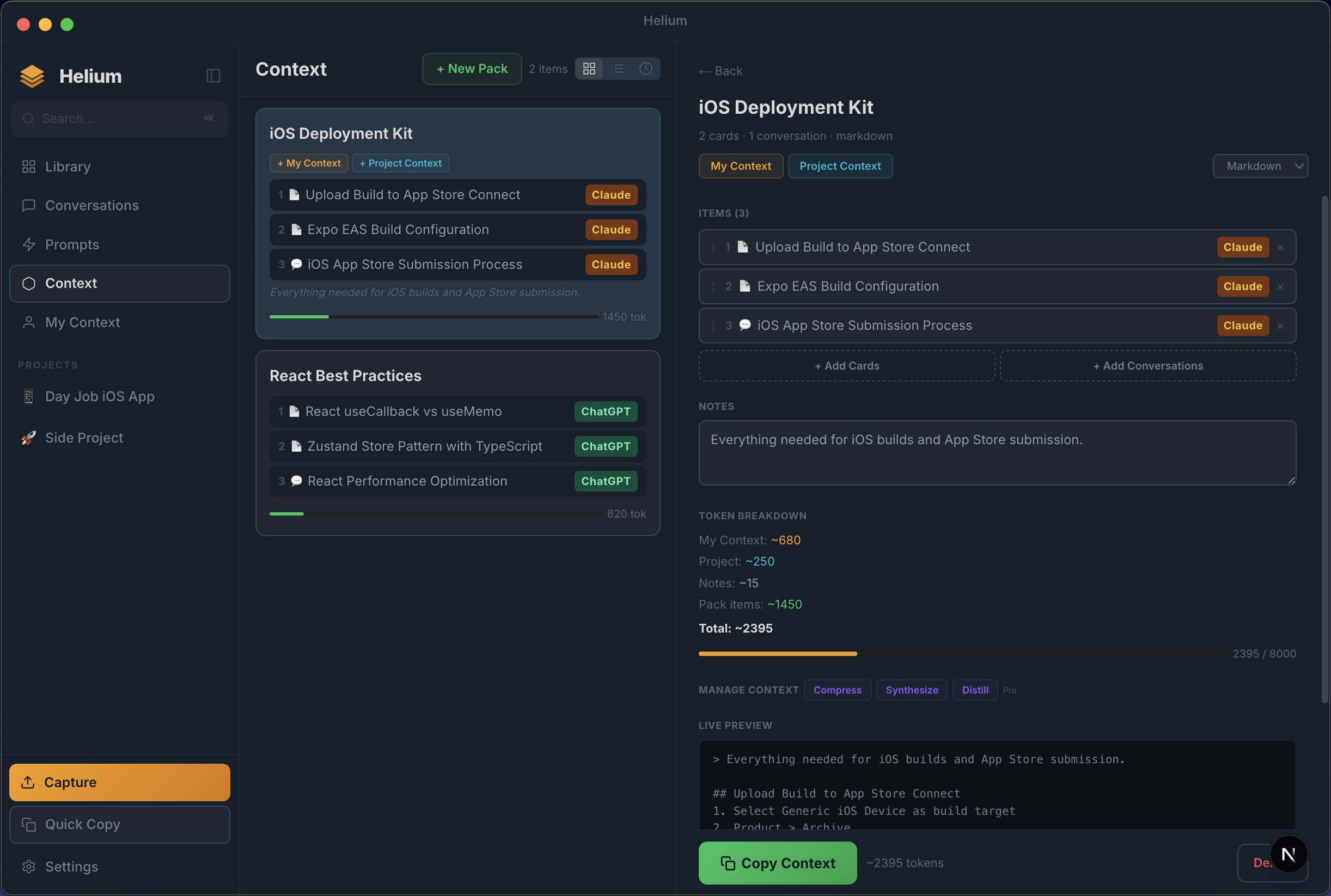 Context Packs view with token breakdown and live preview