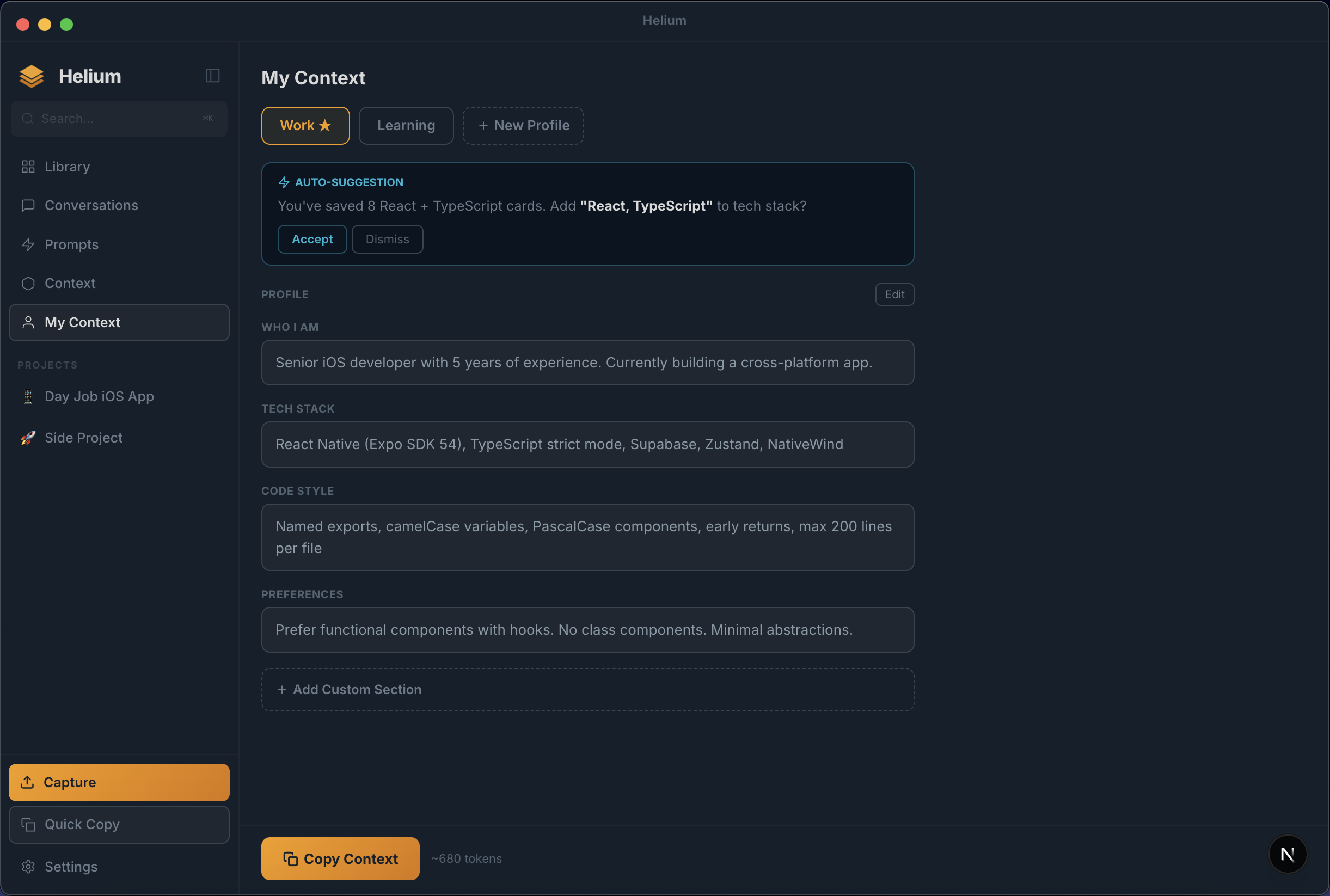 My Context editor with structured sections and auto-suggestion banner