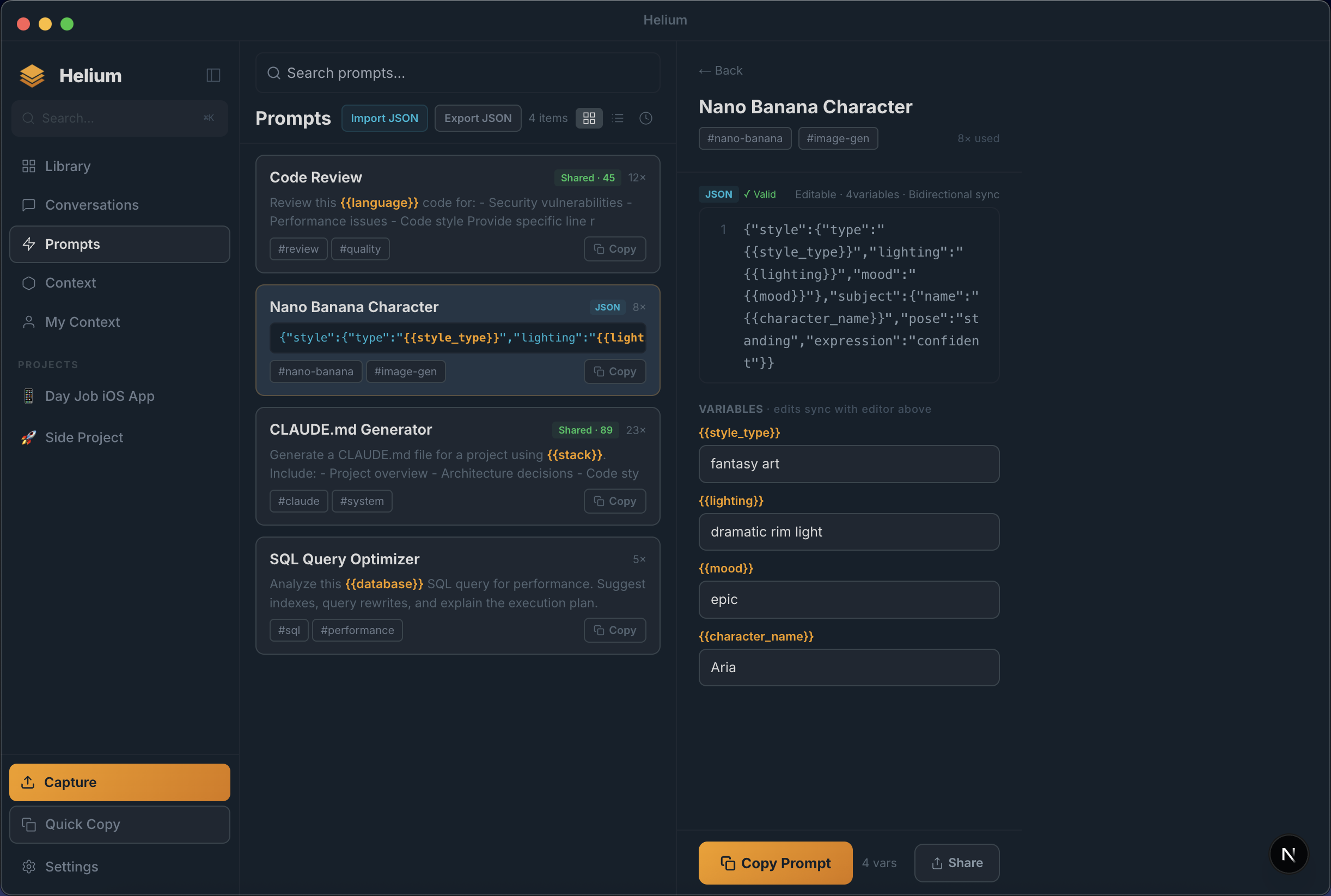 Prompts list with Nano Banana character generator showing variable inputs